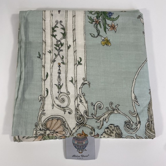 Atelier Choux Paris Organic 100% Cotton Baby Blanket Flamingos Sea Green. - Picture 7 of 8